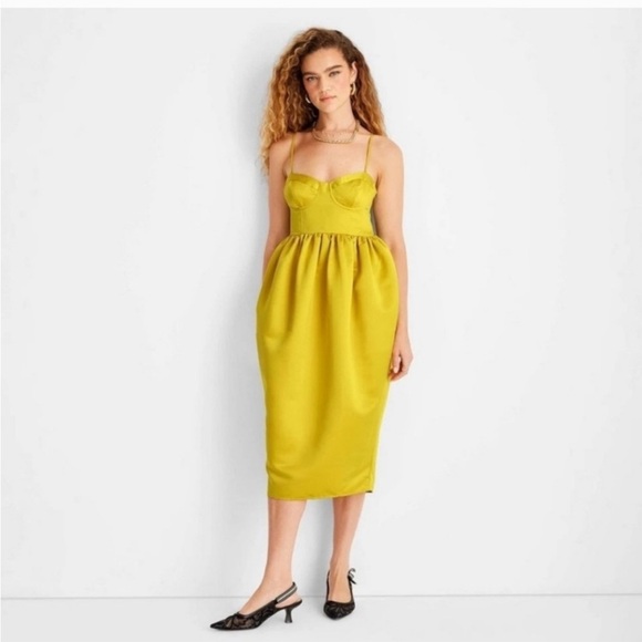 Future Collective Women's Sweetheart Bubble Satin Midi Dress Yellow XS NWT - Picture 2 of 12